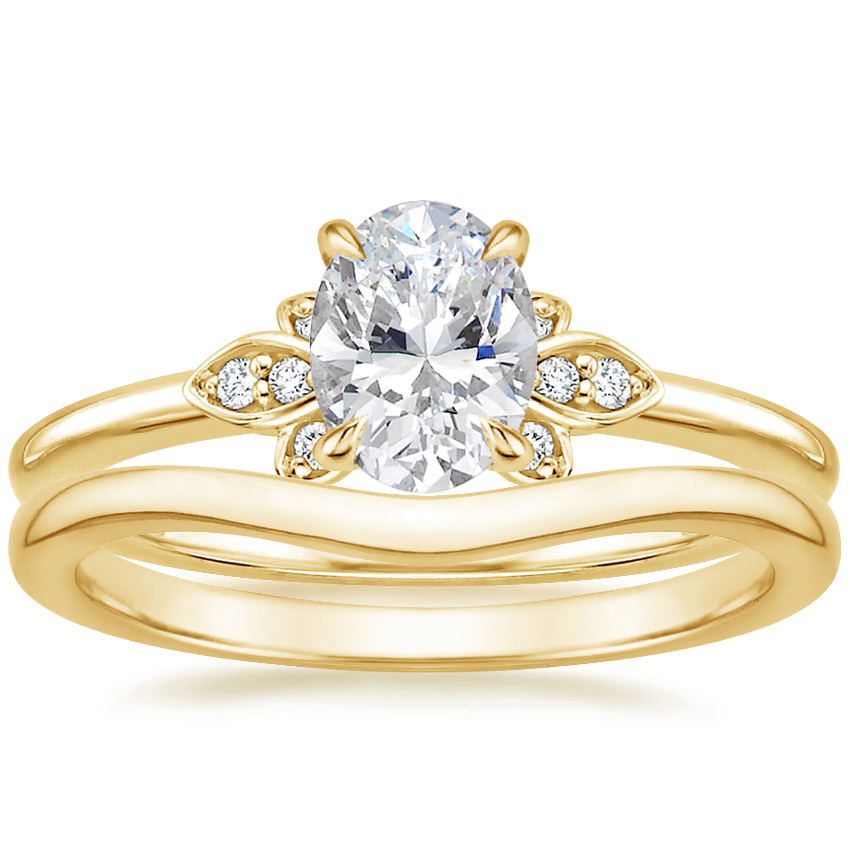 18K Yellow Gold Fiore Diamond Ring with Petite Curved Wedding Ring